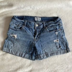 Distressed denim shorts